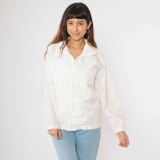 80s White Nylon Windbreaker Jacket Zip Up Raglan Sleeve Small S