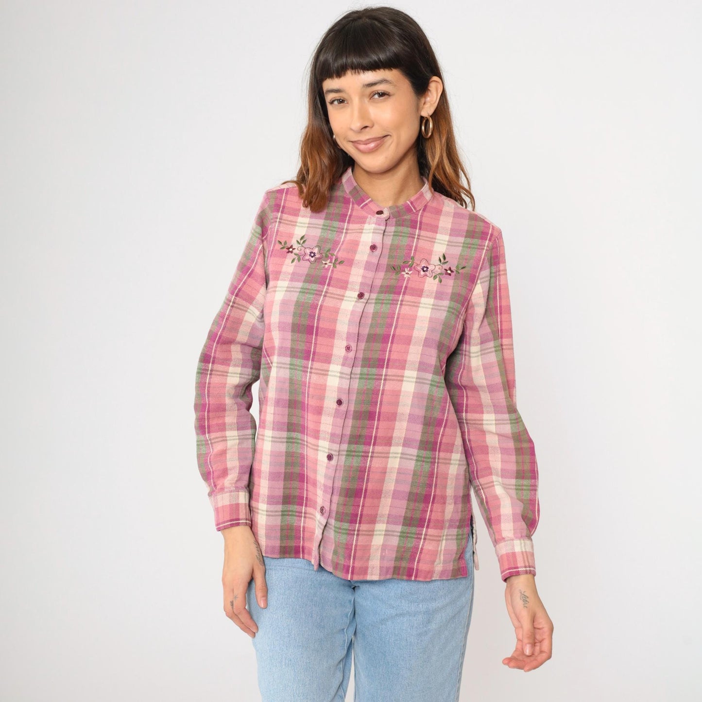 Y2K Blair Pink Plaid Floral Embroidered Button-Up Blouse Cotton Medium