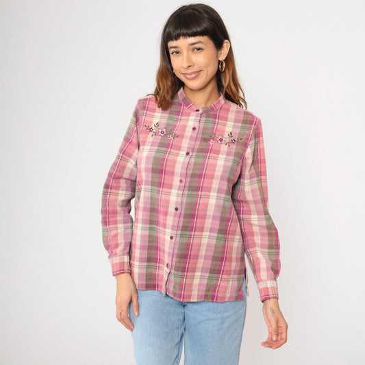 Y2K Blair Pink Plaid Floral Embroidered Button-Up Blouse Cotton Medium