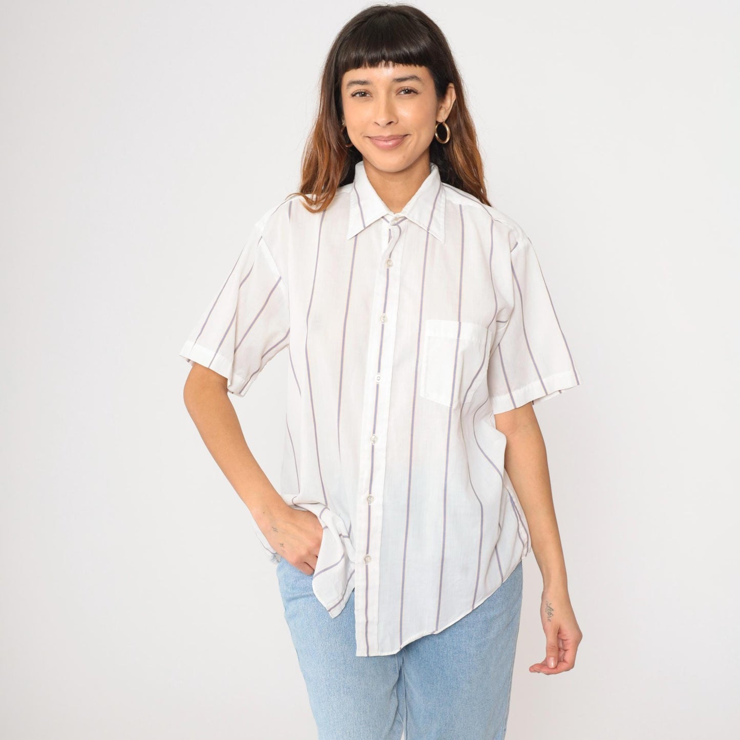80s White Striped Semi-Sheer Button-Up Shirt Short Sleeve Collar Large L
