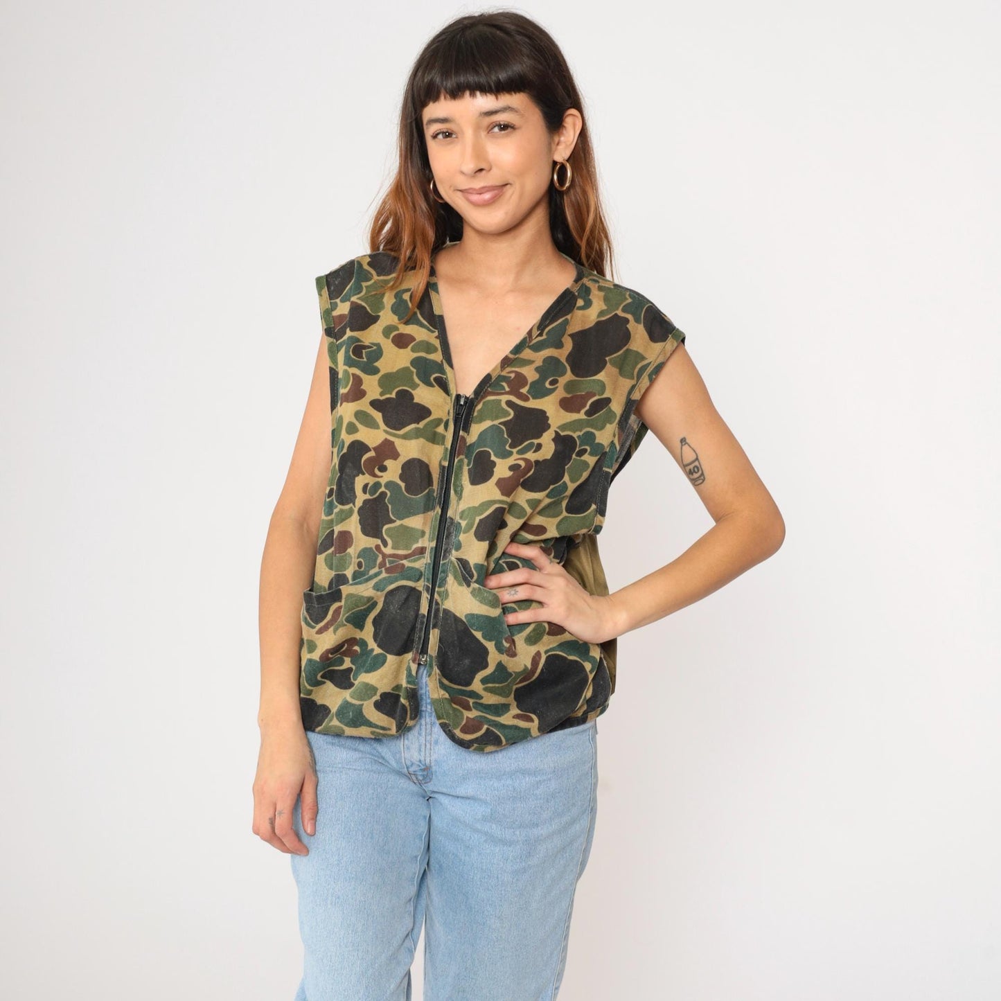 70s Saftbak Camo Hunting Vest Zip Front Canvas Olive Game Pocket Medium Large