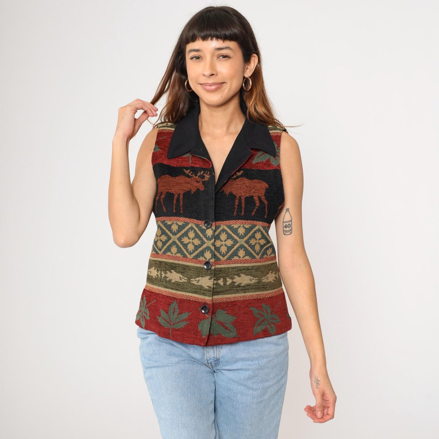 Y2K Coldwater Creek Tapestry Vest Moose Leaves Button-Up Medium