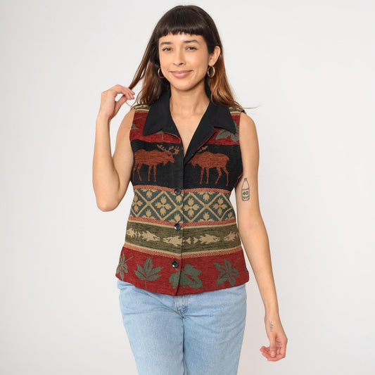 Y2K Coldwater Creek Tapestry Vest Moose Leaves Button-Up Medium