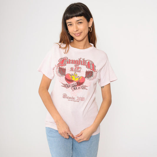 Laughlin River Run Winged Heart Flame Graphic T-Shirt Pink Small S
