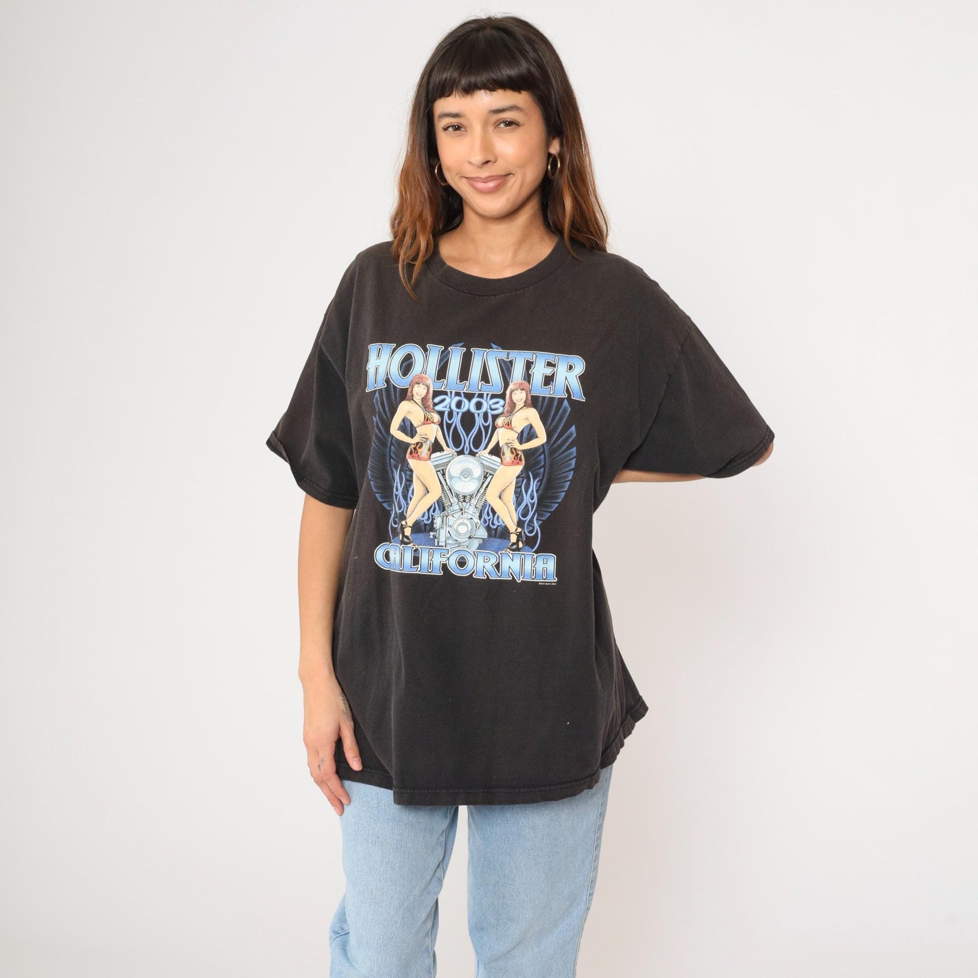 2003 Hollister July 4th Biker Rally T-Shirt Flame Winged Engine Black Graphic Extra Large XL