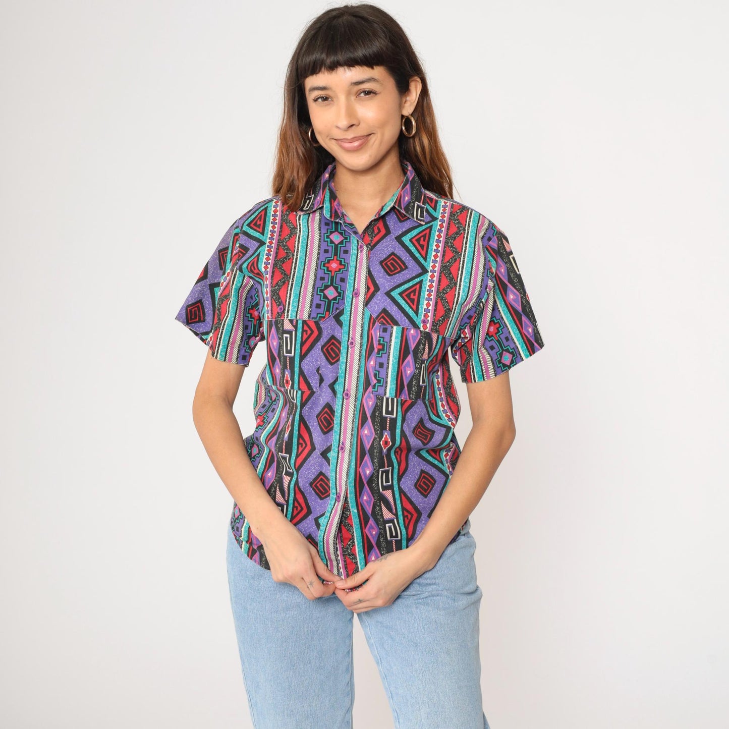 90s Wrangler Southwestern Striped Button-Up Shirt Purple Short Sleeve Small