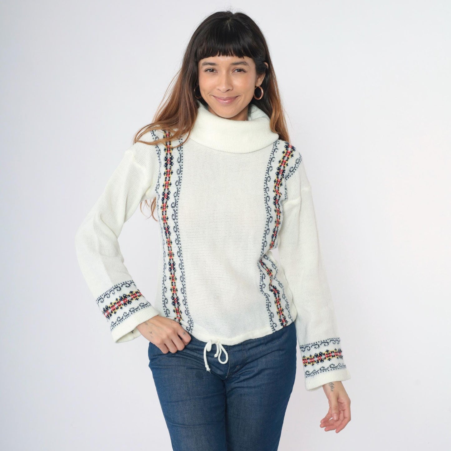 70s White Turtleneck Sweater Metallic Floral Stripe Knit Wide Sleeve Small