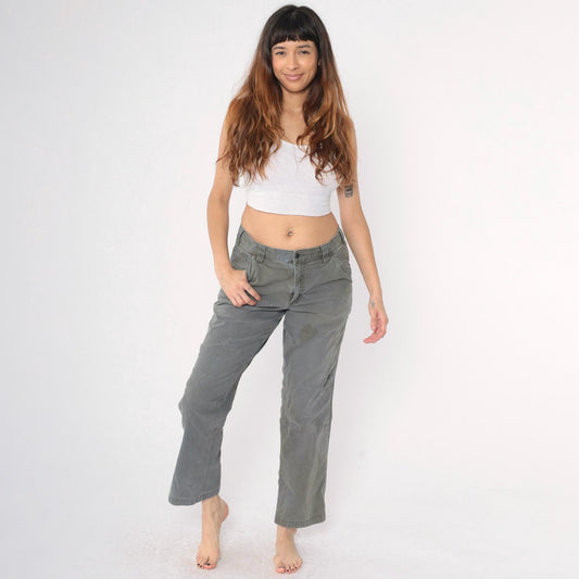 Y2K Carhartt Olive Canvas Work Pants Distressed Straight Leg 32x32 Men's