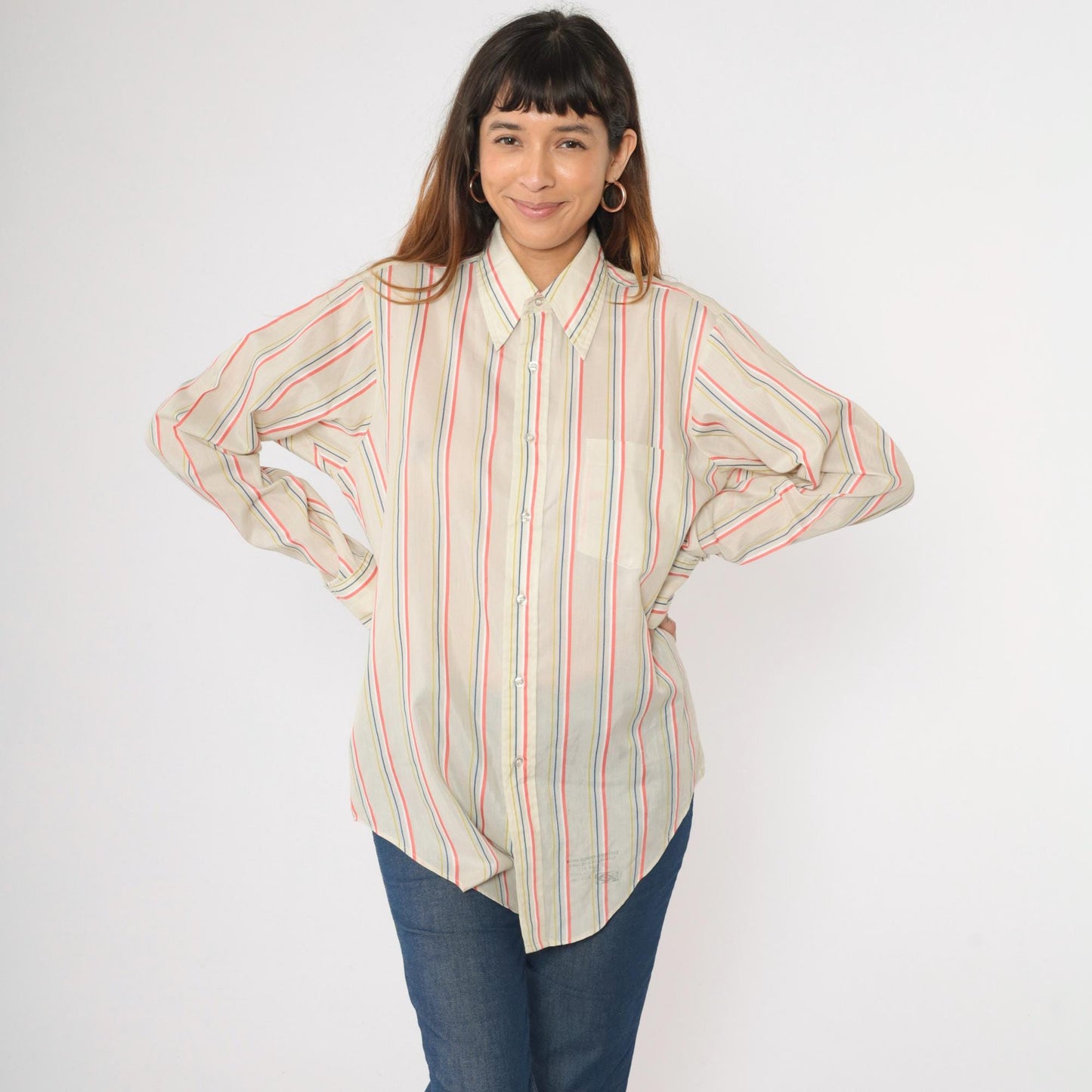 70s Arrow Collar Striped Button-Up Shirt Pointed Collar Coral Yellow Blue Medium