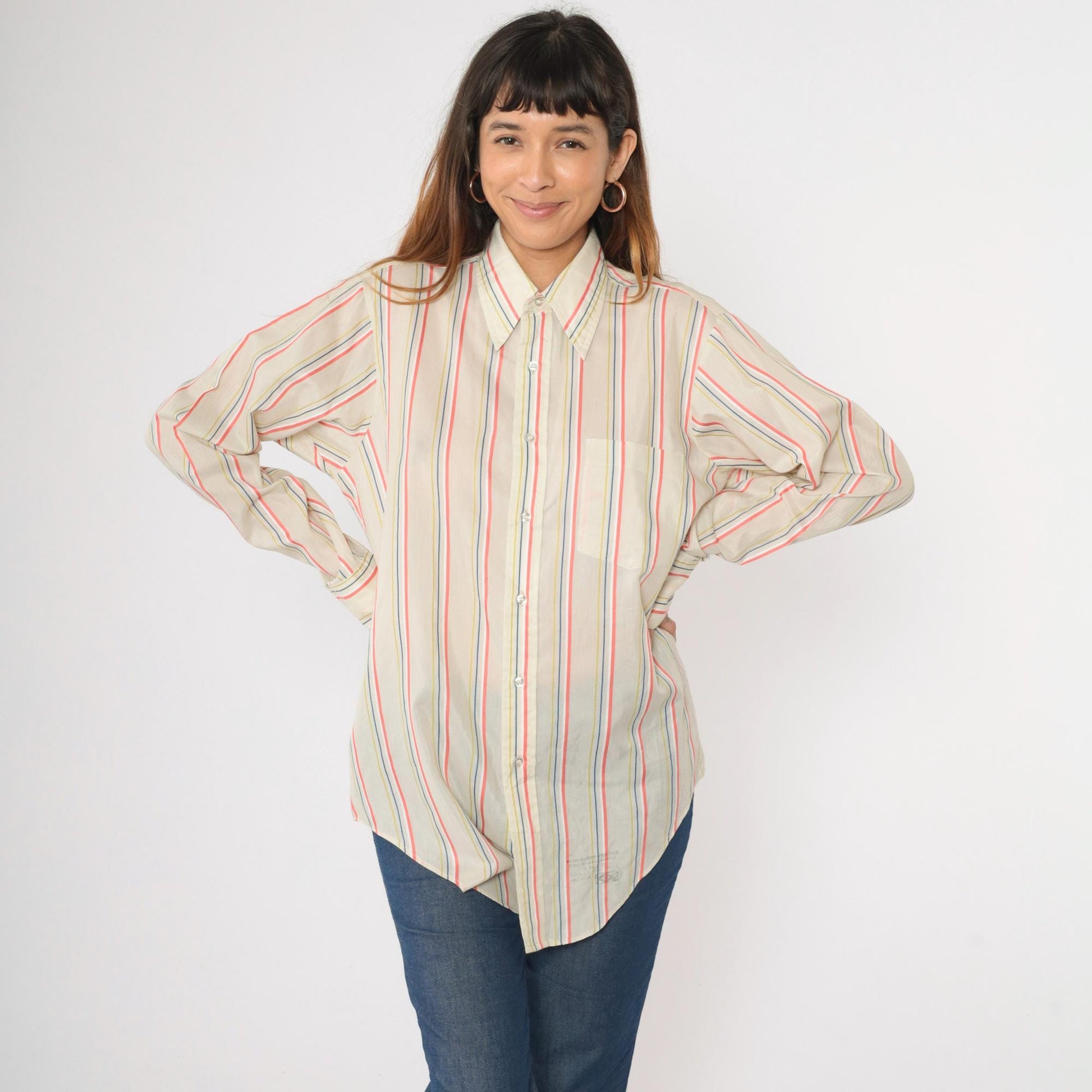 70s Arrow Collar Striped Button-Up Shirt Pointed Collar Coral Yellow Blue Medium