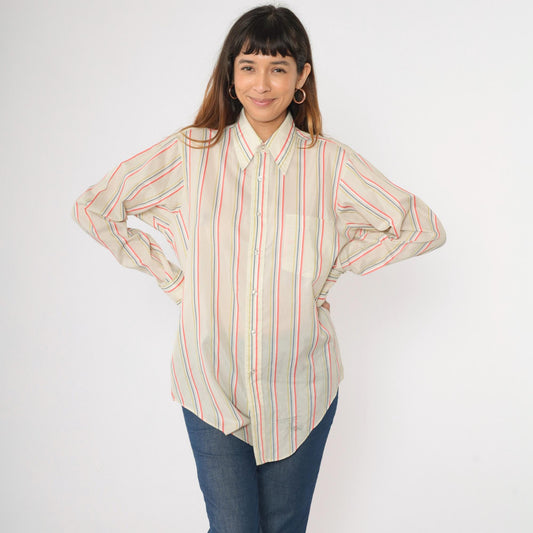 70s Arrow Collar Striped Button-Up Shirt Pointed Collar Coral Yellow Blue Medium