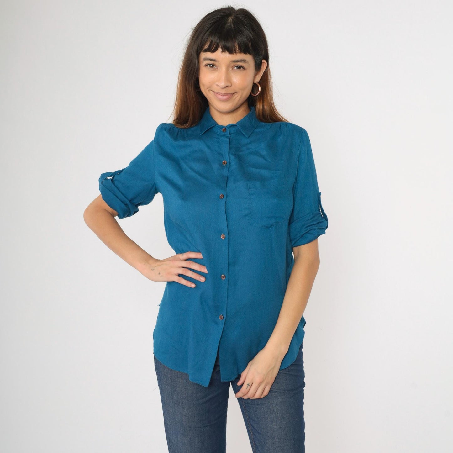 80s Blue Button-Up Blouse Roll Tab Sleeves Chest Pocket Small