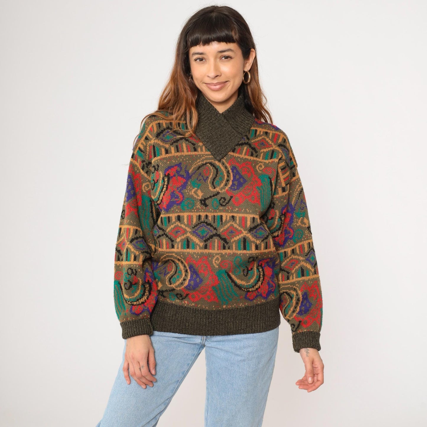 80s Meister Wool Blend Sweater Multicolor Paisley Shawl Collar Medium Large