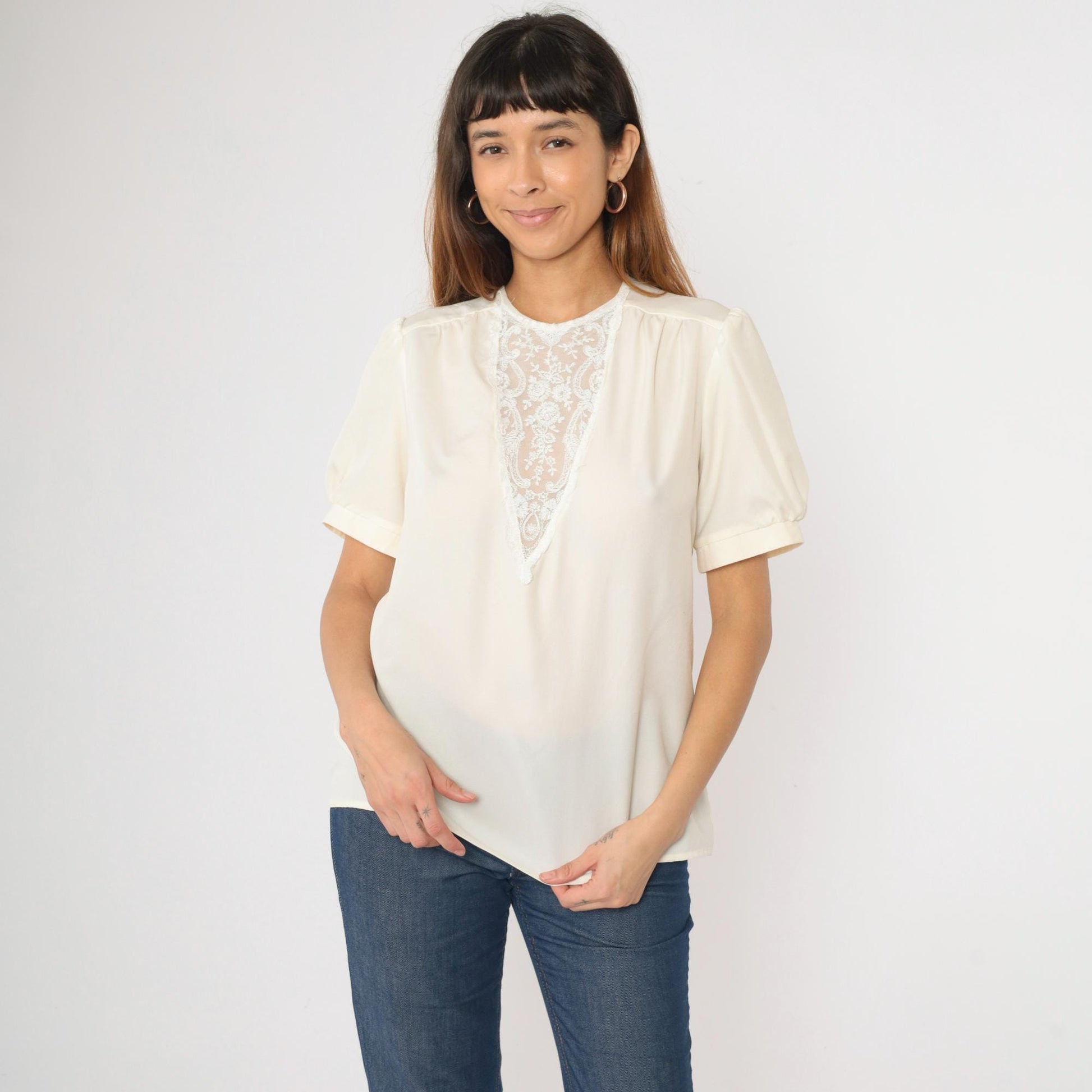 70s Victorian Cream Blouse Embroidered Lace Yoke Puff Sleeve Medium M