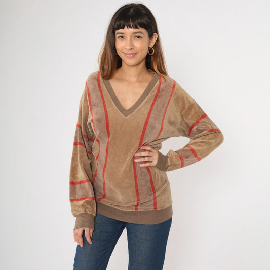 80s Bay Club Velour Sweatshirt Brown Red Striped V-Neck Small