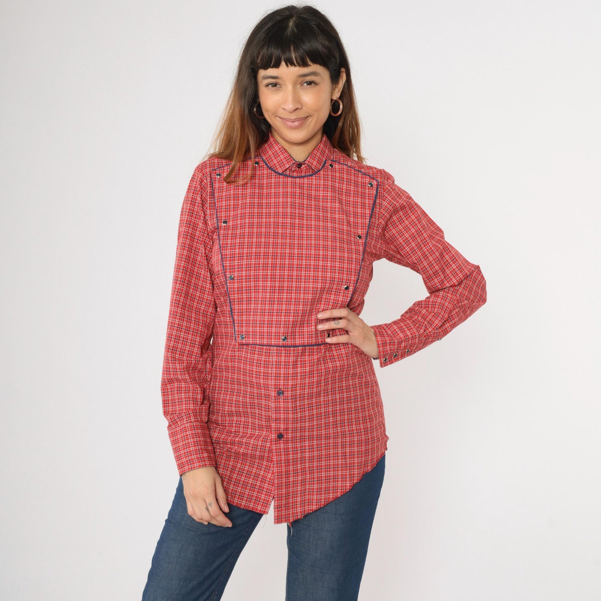 70s Western Shirt Red Plaid Pearl Snap Bib Front Long Tail Small S