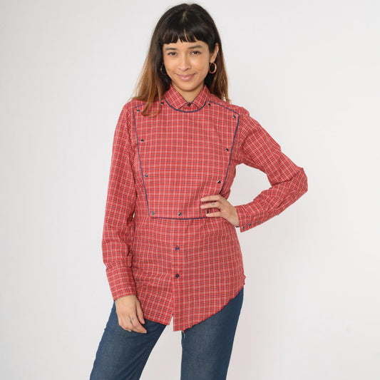 70s Western Shirt Red Plaid Pearl Snap Bib Front Long Tail Small S