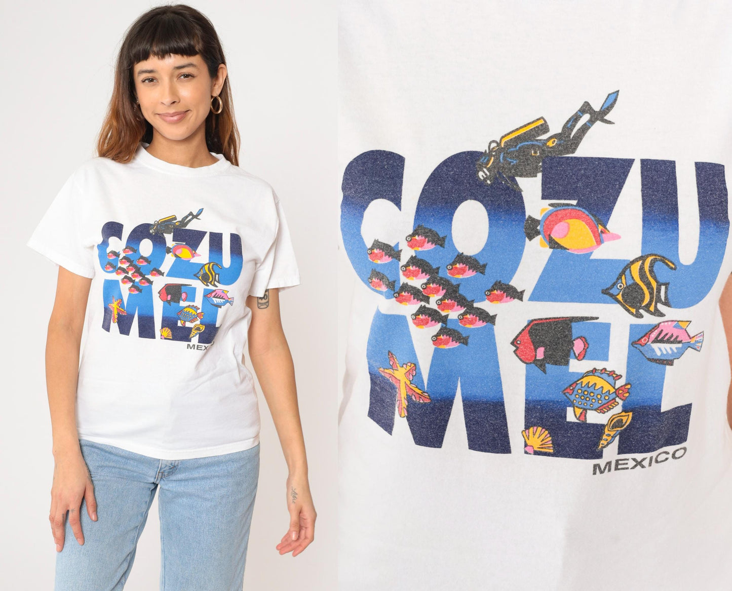 90s Cozumel Scuba Diving Tropical Fish Graphic T-Shirt White Cotton Small