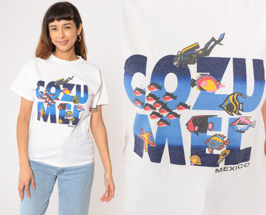 90s Cozumel Scuba Diving Tropical Fish Graphic T-Shirt White Cotton Small