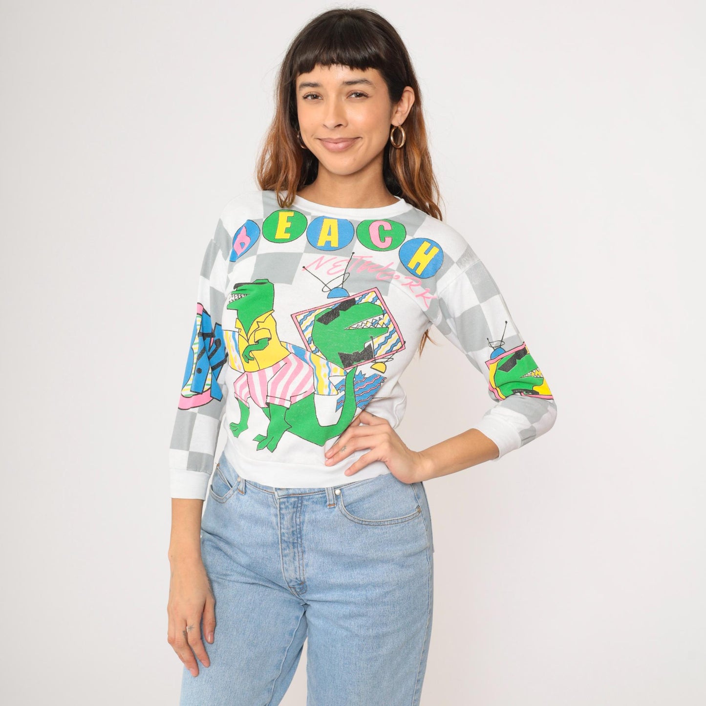 80s Beach Network Dinosaur T-Rex Sweatshirt Colorful All Over Print Extra Small