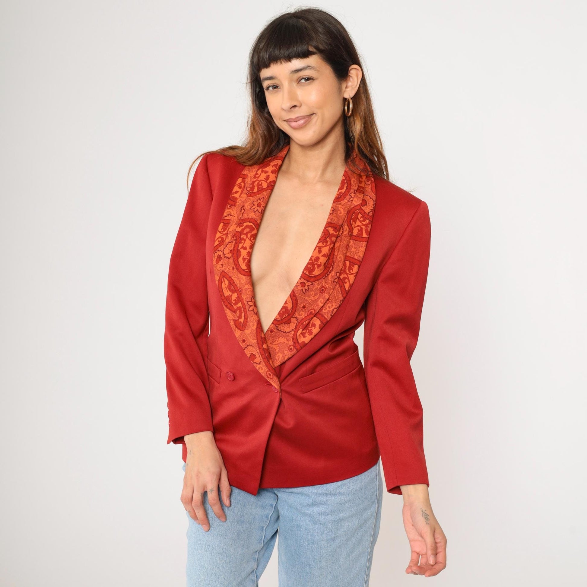 90s Byblos Red Wool Blazer Paisley Shawl Collar Double Breasted Small