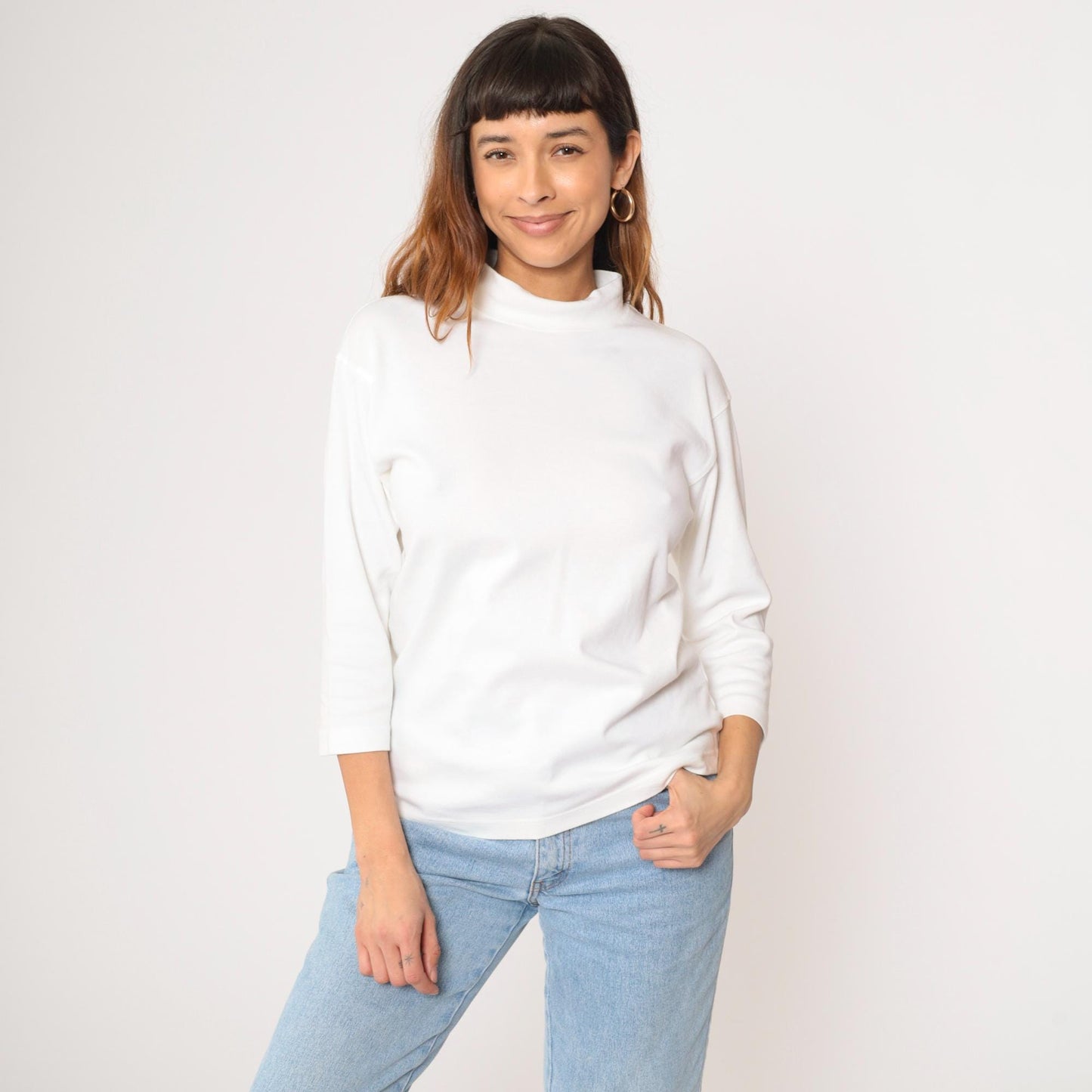 90s Norm Thompson White Mock Neck 3/4 Sleeve T-Shirt Small S