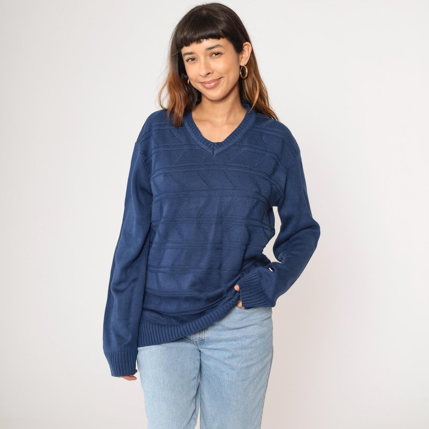 80s Dark Blue Geometric Knit V-Neck Pullover Sweater Tricot Medium M