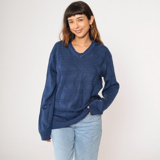80s Dark Blue Geometric Knit V-Neck Pullover Sweater Tricot Medium M