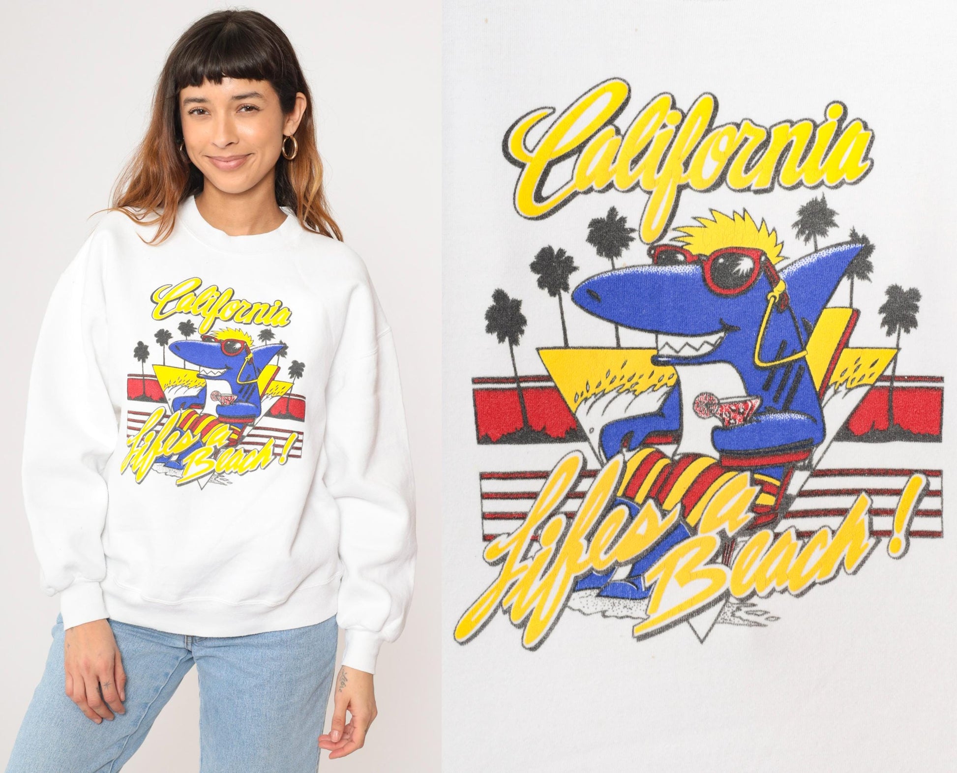 80s California Shark Sweatshirt Life's a Beach Graphic White Crewneck Extra Large XL