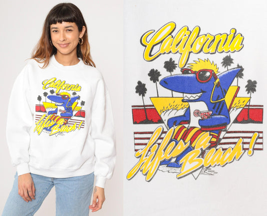 80s California Shark Sweatshirt Life's a Beach Graphic White Crewneck Extra Large XL