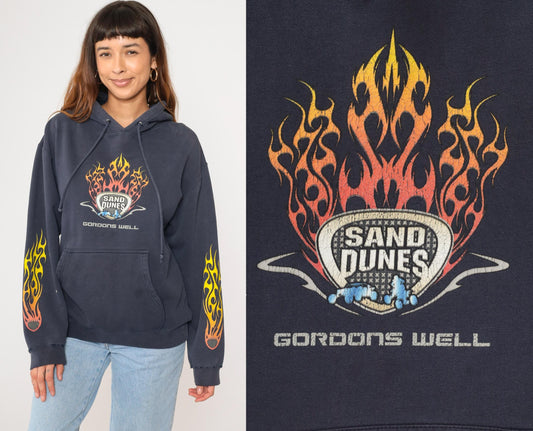 Y2K Gordons Well Sand Dunes Hoodie Navy Flame Graphic Pullover Small S