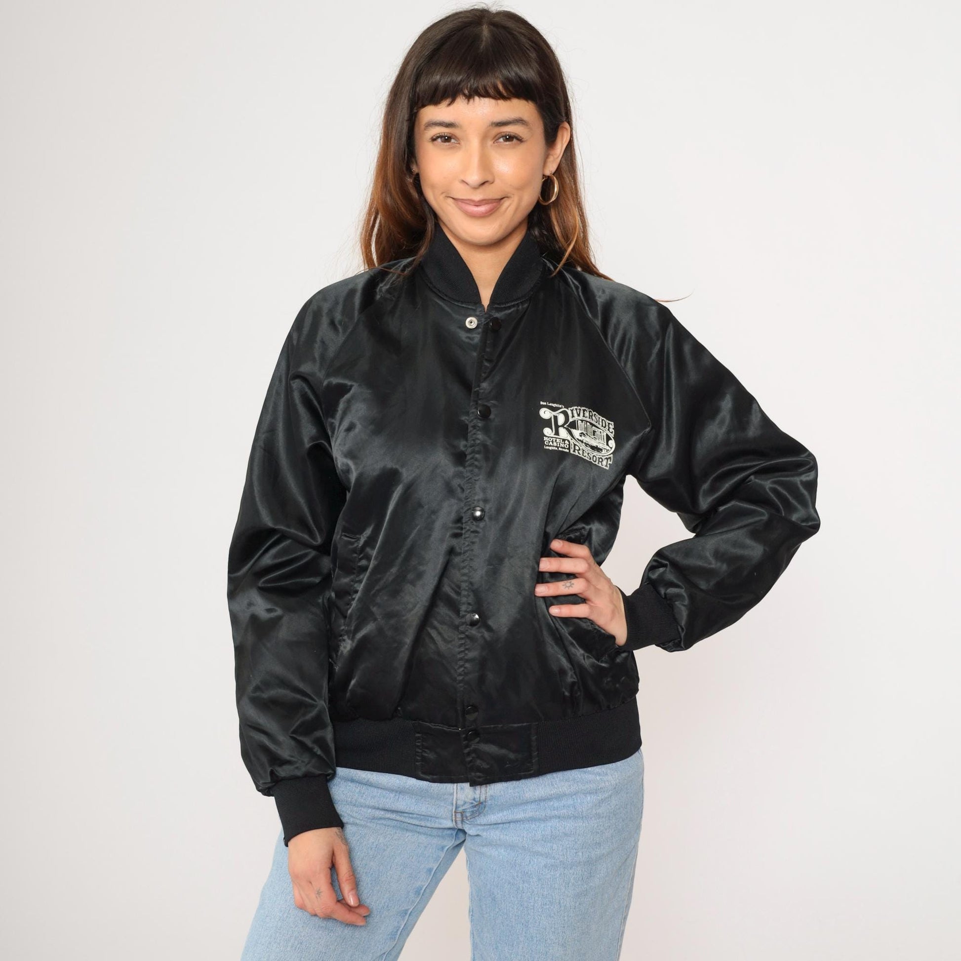 90s Riverside Resort Laughlin Nevada Satin Bomber Jacket Black Snap Small