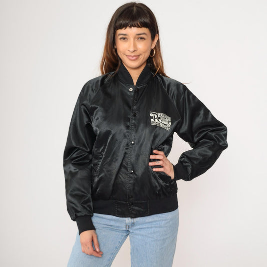 90s Riverside Resort Laughlin Nevada Satin Bomber Jacket Black Snap Small