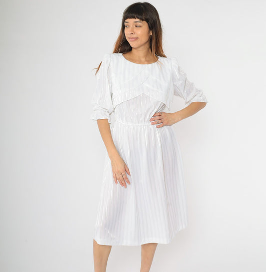 80s White Striped Midi Dress Puff Sleeve High Waist Semi-Sheer Medium M