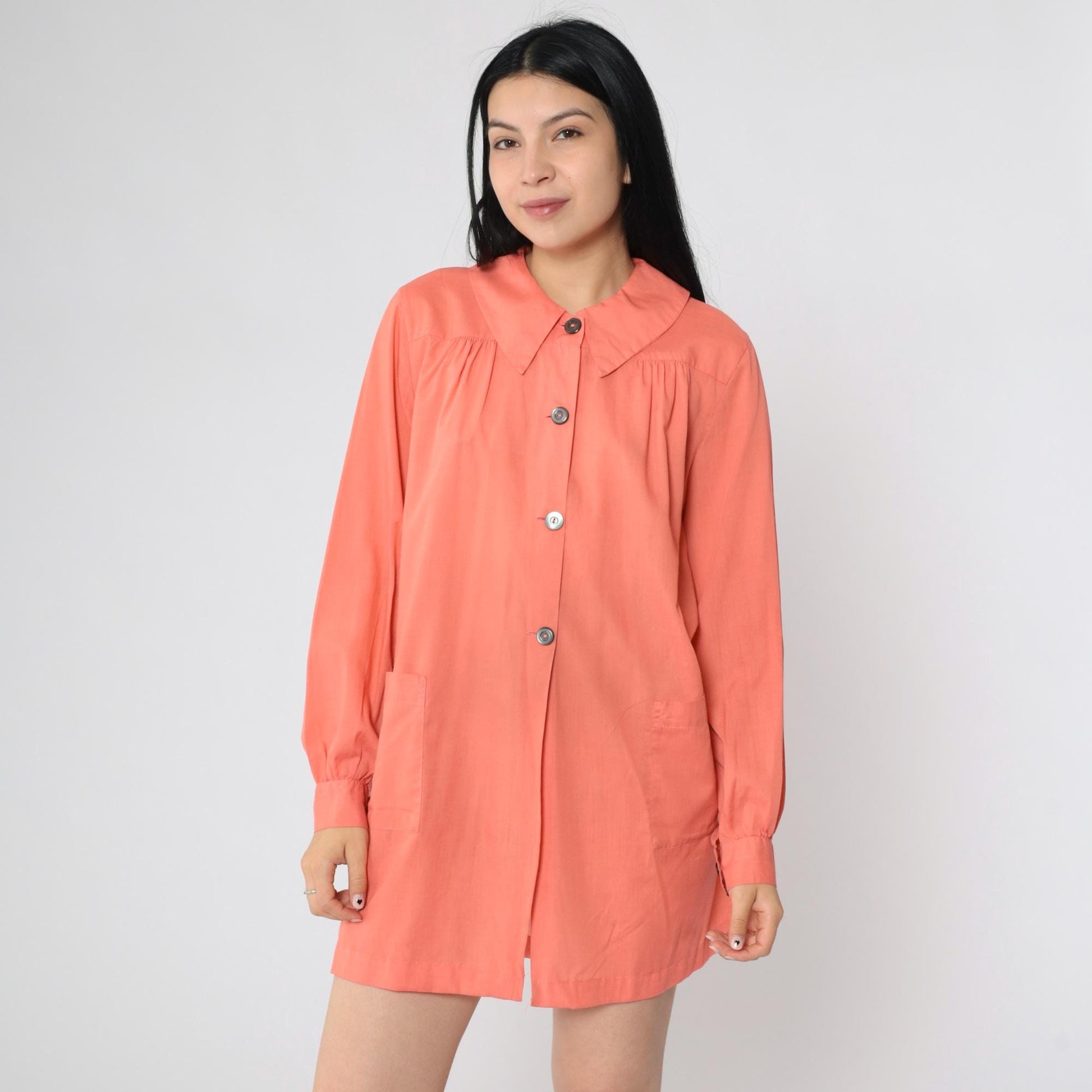 80s Coral Pink Smock Dress Peter Pan Collar Button-Up Shirtdress Small