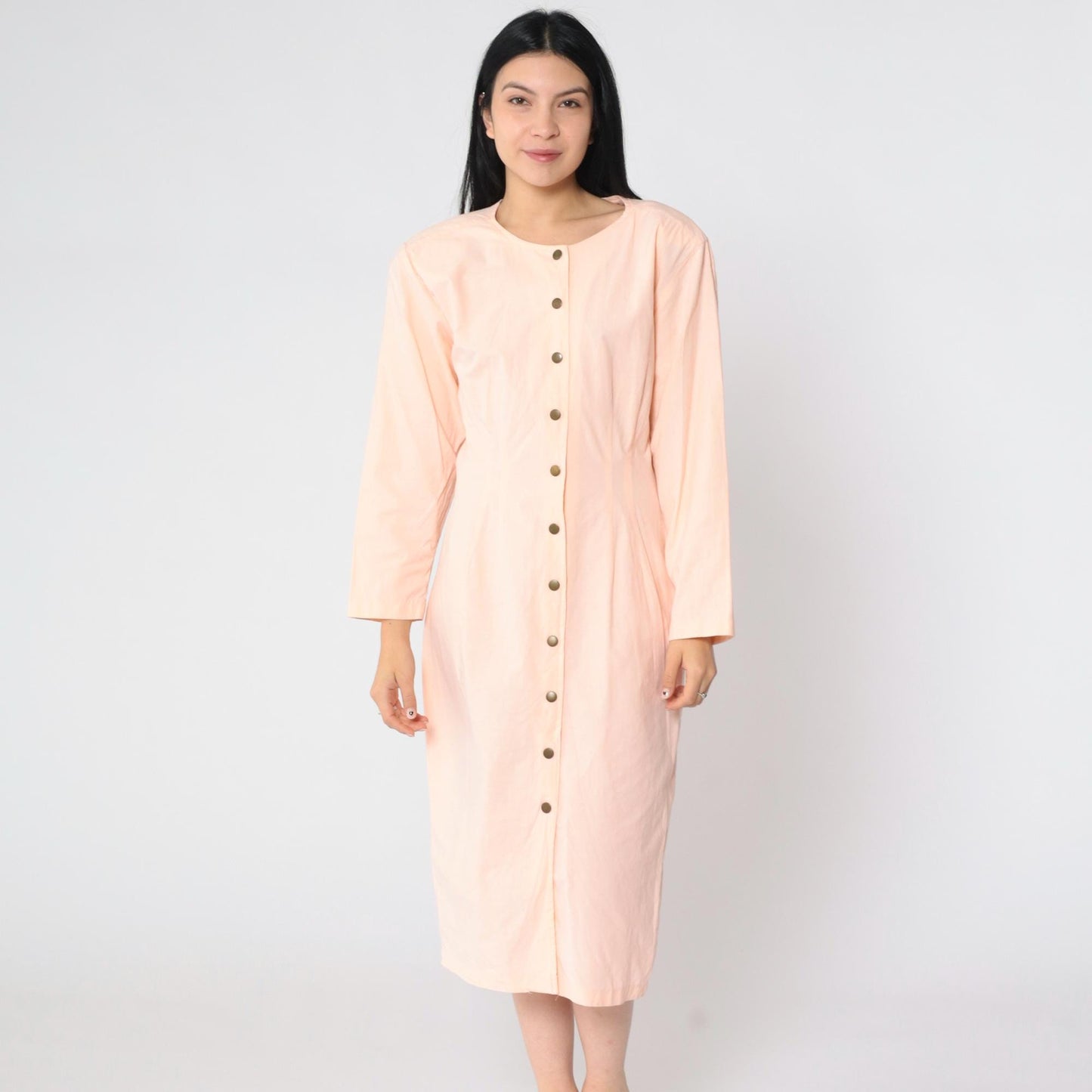 80s Luelle Pink Snap-Front Sheath Midi Dress Long Sleeve Small