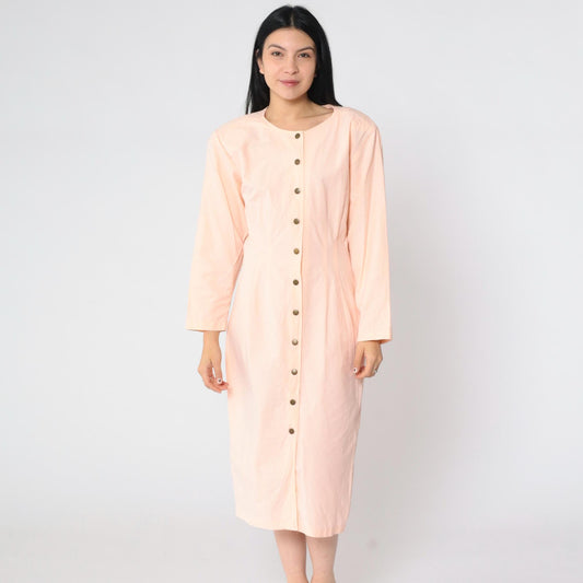 80s Luelle Pink Snap-Front Sheath Midi Dress Long Sleeve Small