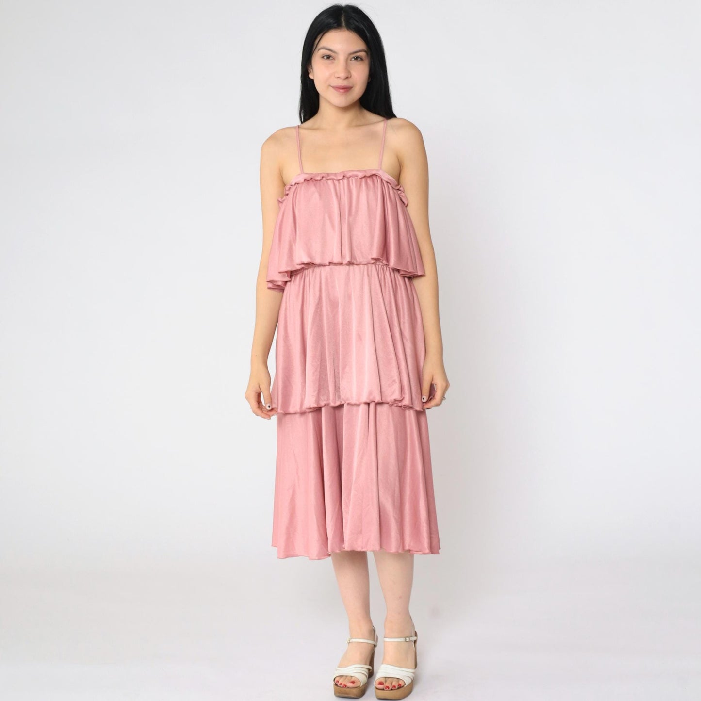 70s Tiered Disco Dress Pink Spaghetti Strap Midi Elastic Waist Medium