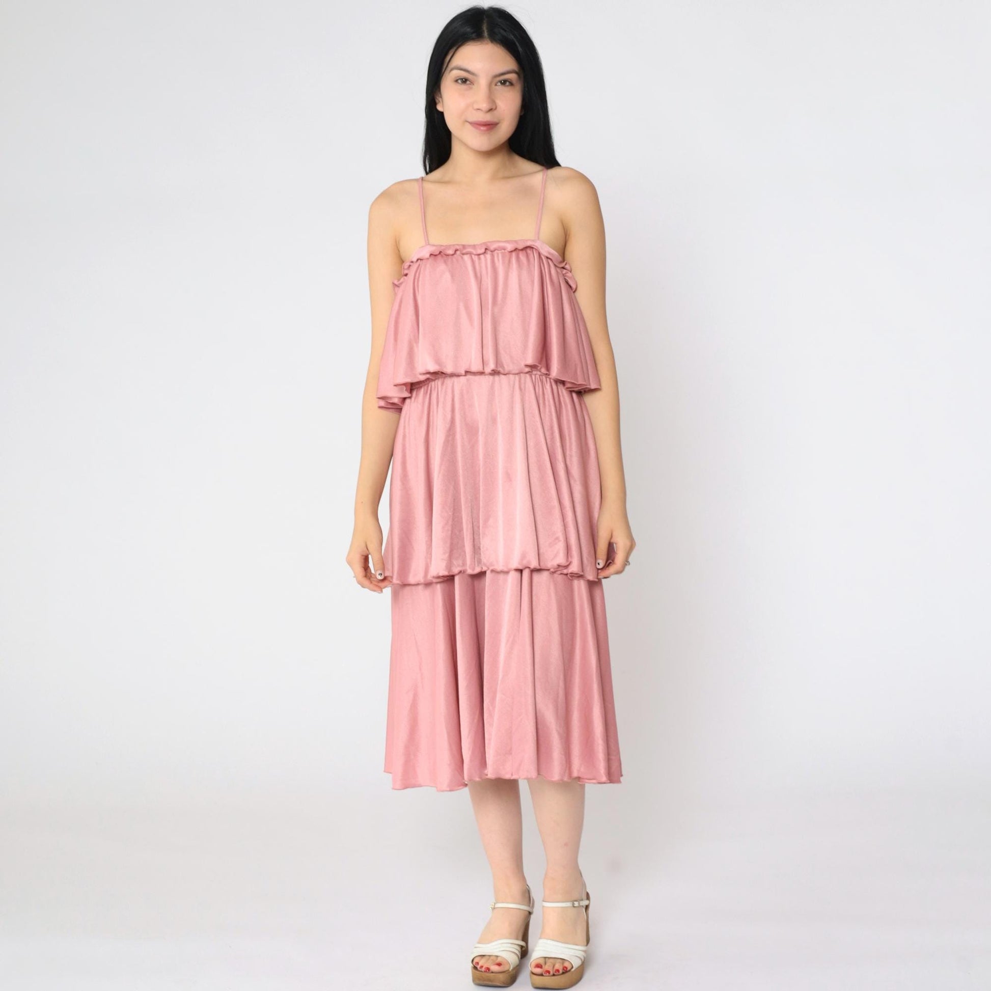 70s Tiered Disco Dress Pink Spaghetti Strap Midi Elastic Waist Medium