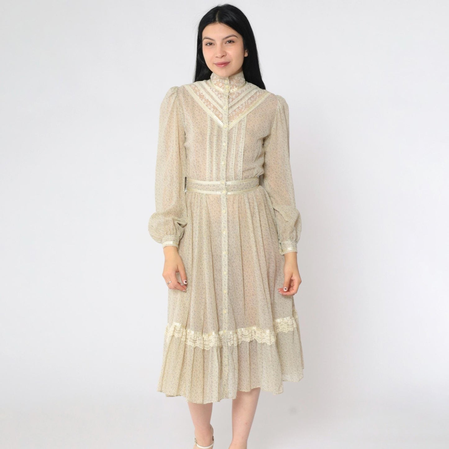 70s Gunne Sax Floral Calico Midi Dress Cream Puff Sleeve Lace Extra Small