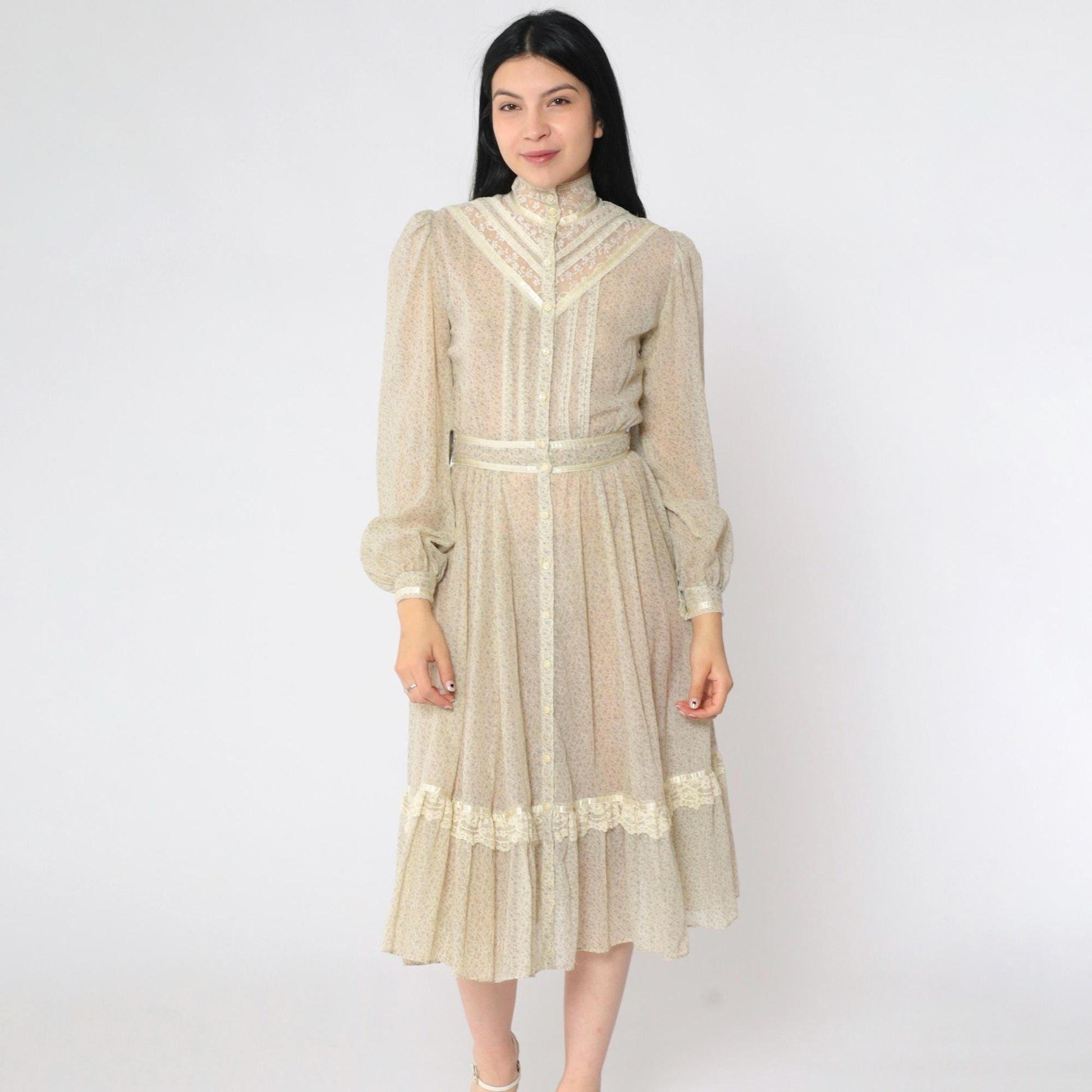 70s Gunne Sax Floral Calico Midi Dress Cream Puff Sleeve Lace Extra Small