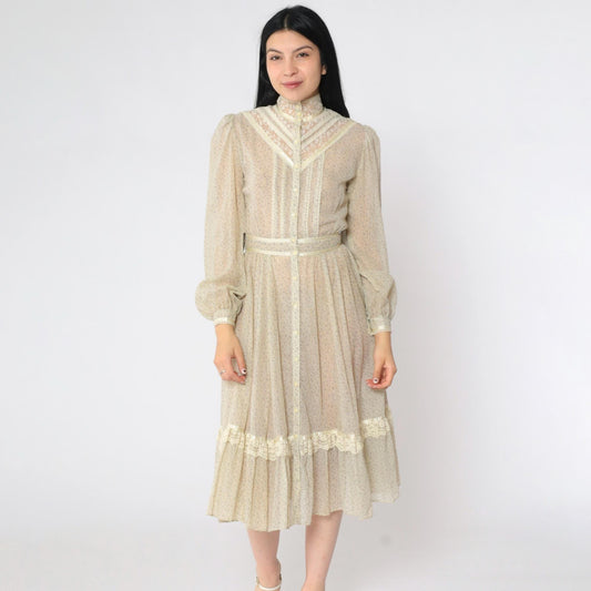 70s Gunne Sax Floral Calico Midi Dress Cream Puff Sleeve Lace Extra Small