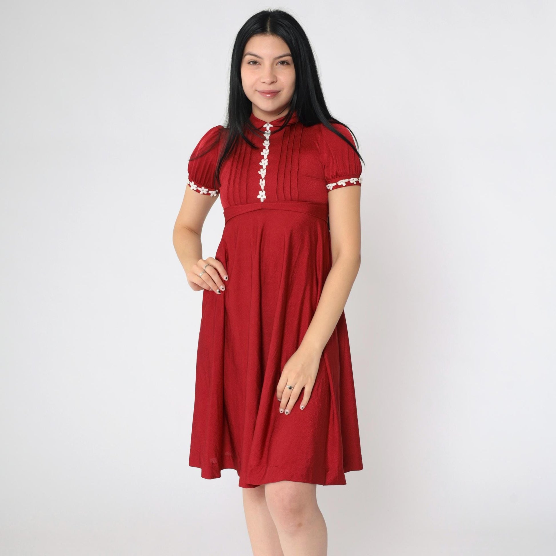 70s Red Babydoll Mini Dress Peter Pan Collar Puff Sleeve Lace Trim XXS