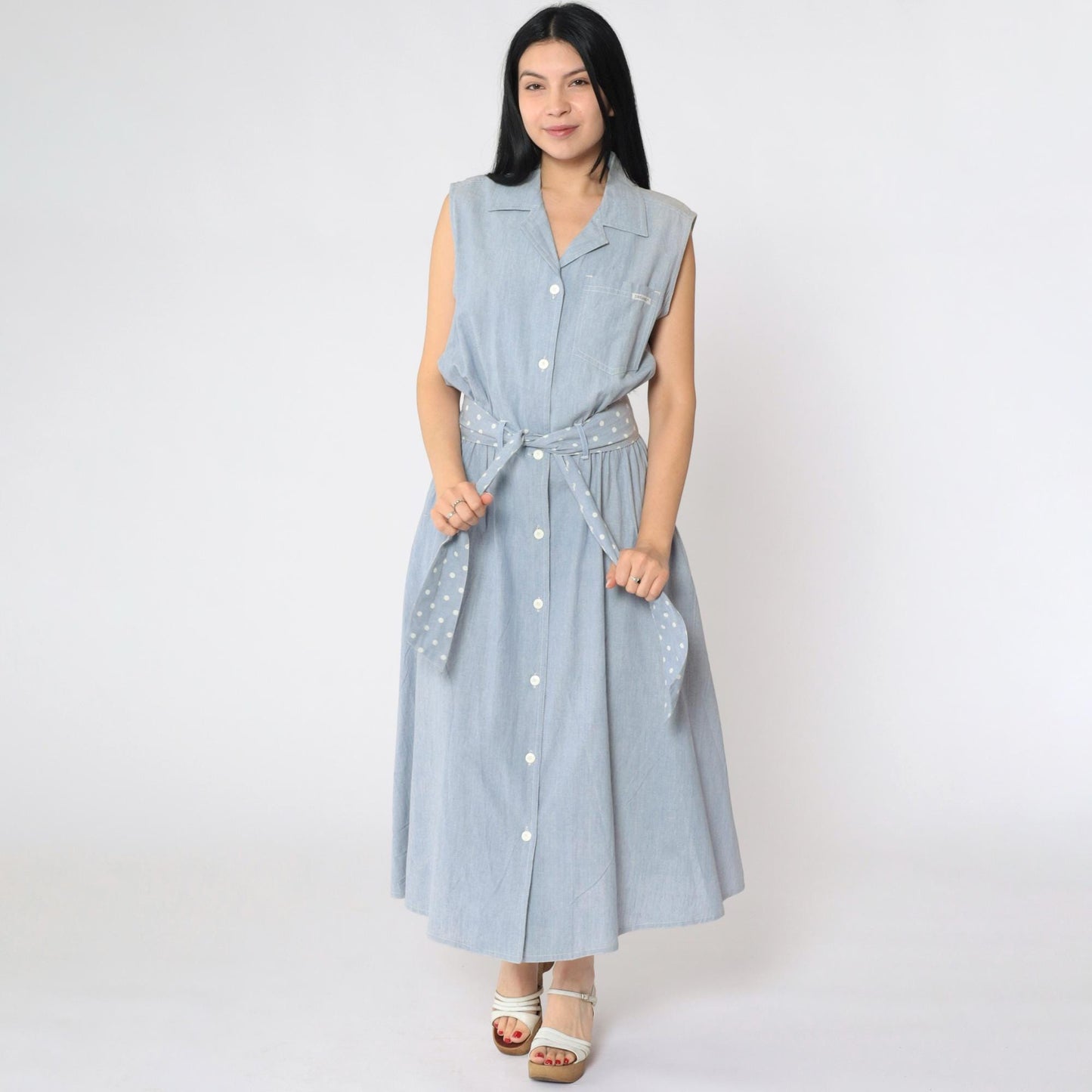 80s Blue Chambray Sleeveless Shirt Dress Polka Dot Sash Pockets Medium