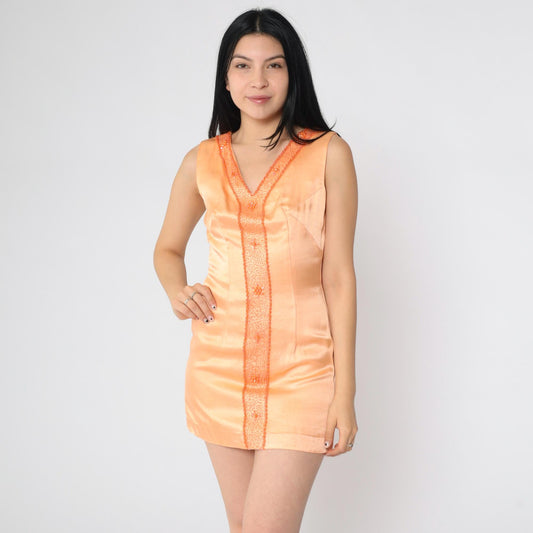 1960s Peach Beaded Sheath Dress Sleeveless V-Neck Mini Extra Small