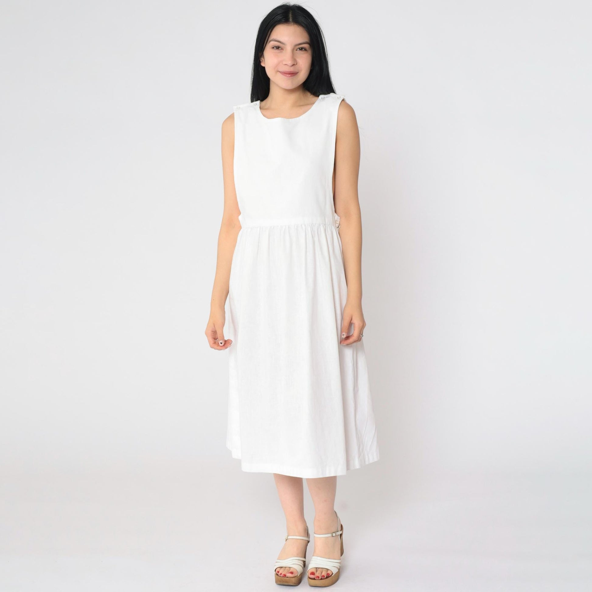 80s White Pinafore Midi Dress High Waist Low Armhole Sleeveless Medium