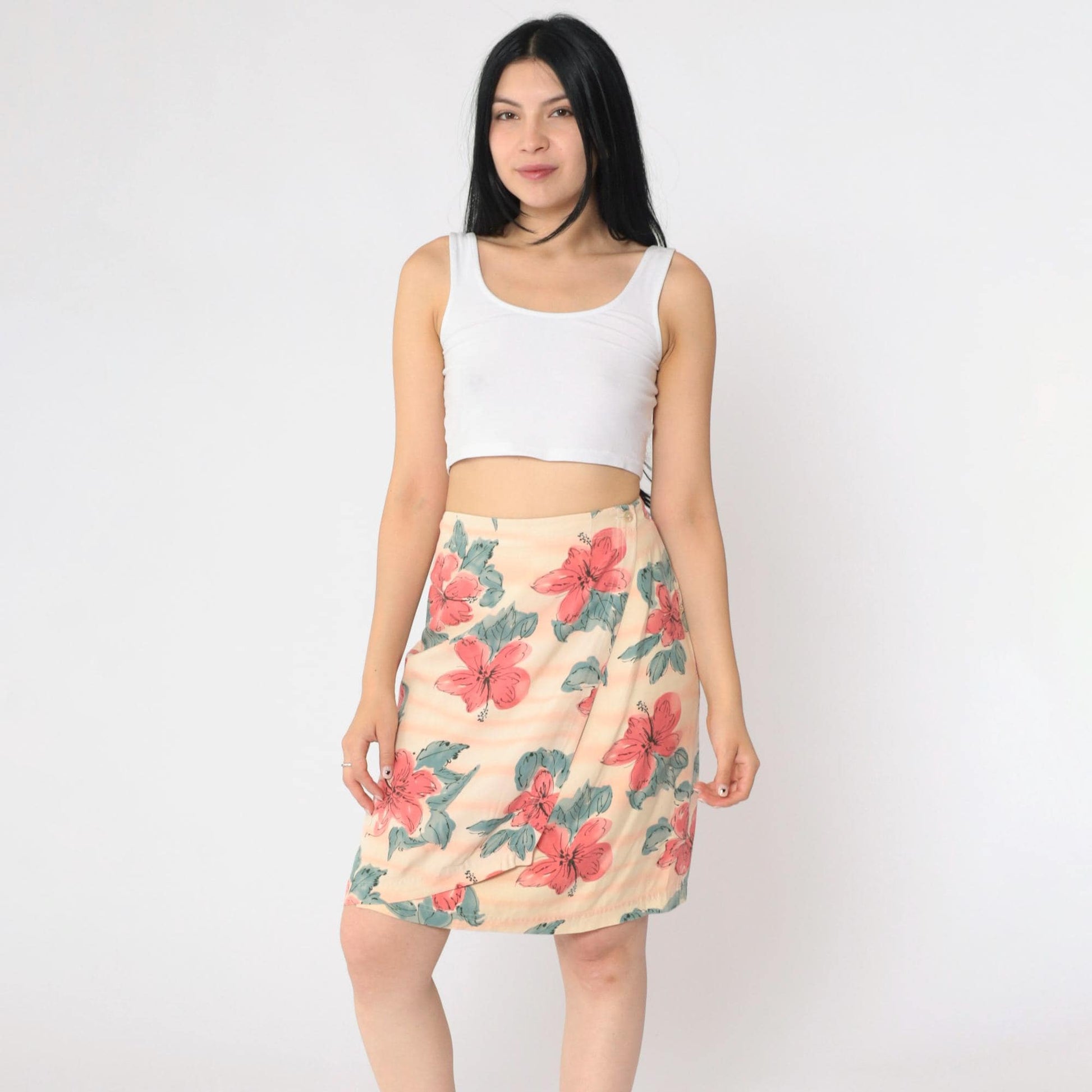 Y2K Silk Floral Mini Skirt Cream Coral Flower Print High Waisted Medium