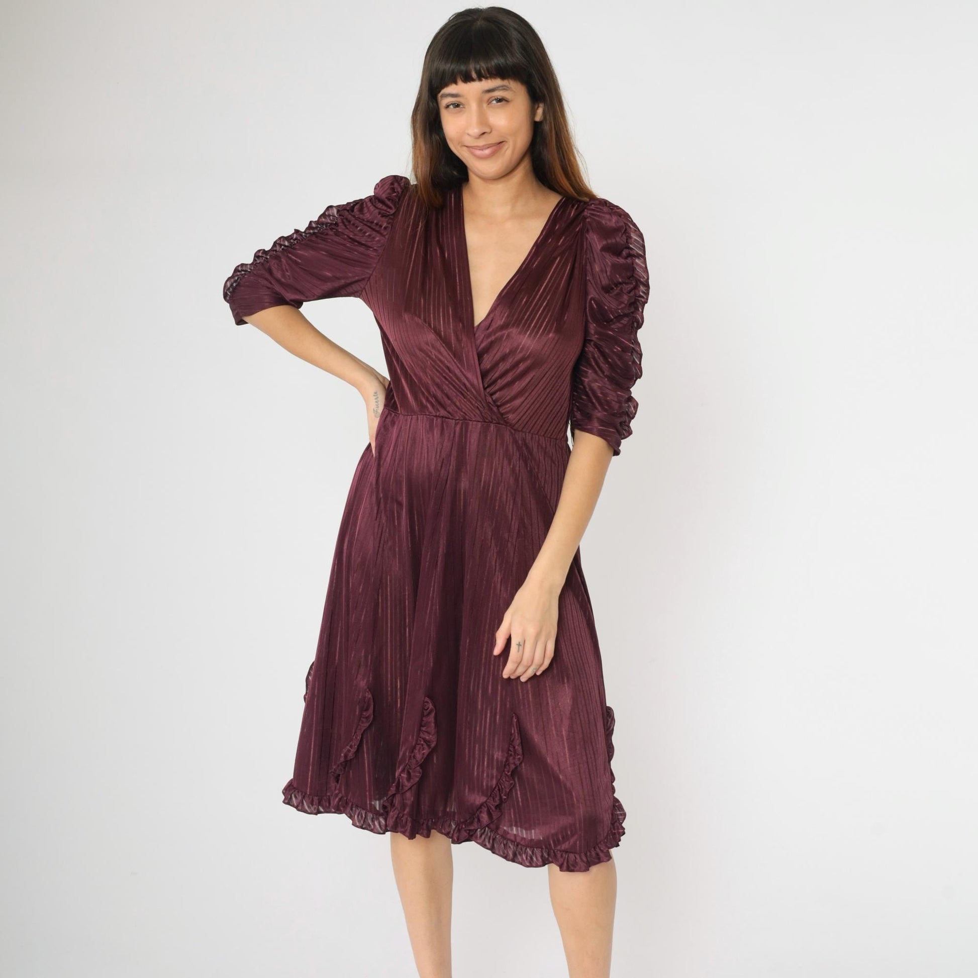 80s Plum Midi Dress Puff Sleeve Faux Wrap V-Neck Sheer Striped Medium M
