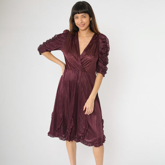 80s Plum Midi Dress Puff Sleeve Faux Wrap V-Neck Sheer Striped Medium M