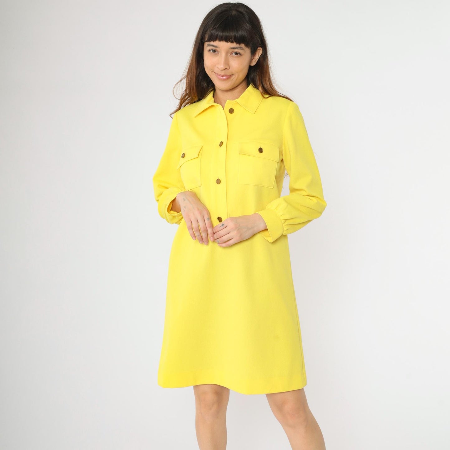 1970s L'Aiglon Yellow Knit Mod Shift Dress Button Front Pockets Small